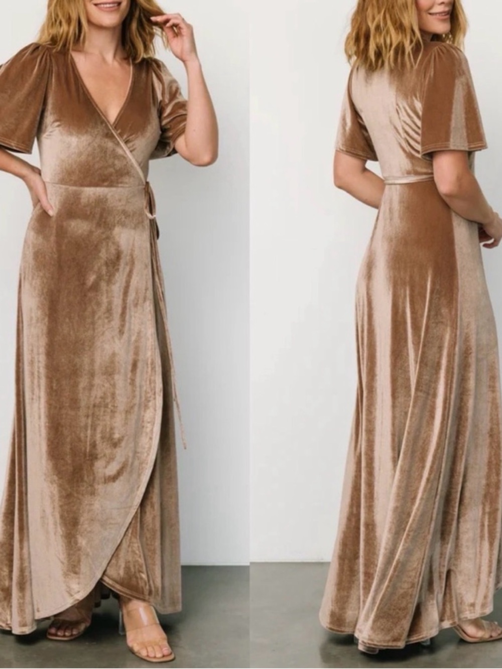 NWT BALTIC BORN Velvet Wrap Maxi Dress Taupe Tan Small - Picture 13 of 14